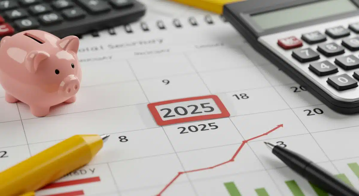 Calendar 2025 with financial tools, symbolizing future Social Security benefit planning.