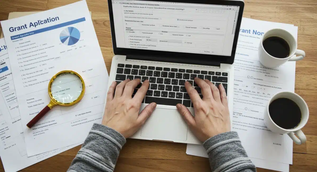 Hands meticulously preparing a federal grant application on a laptop.