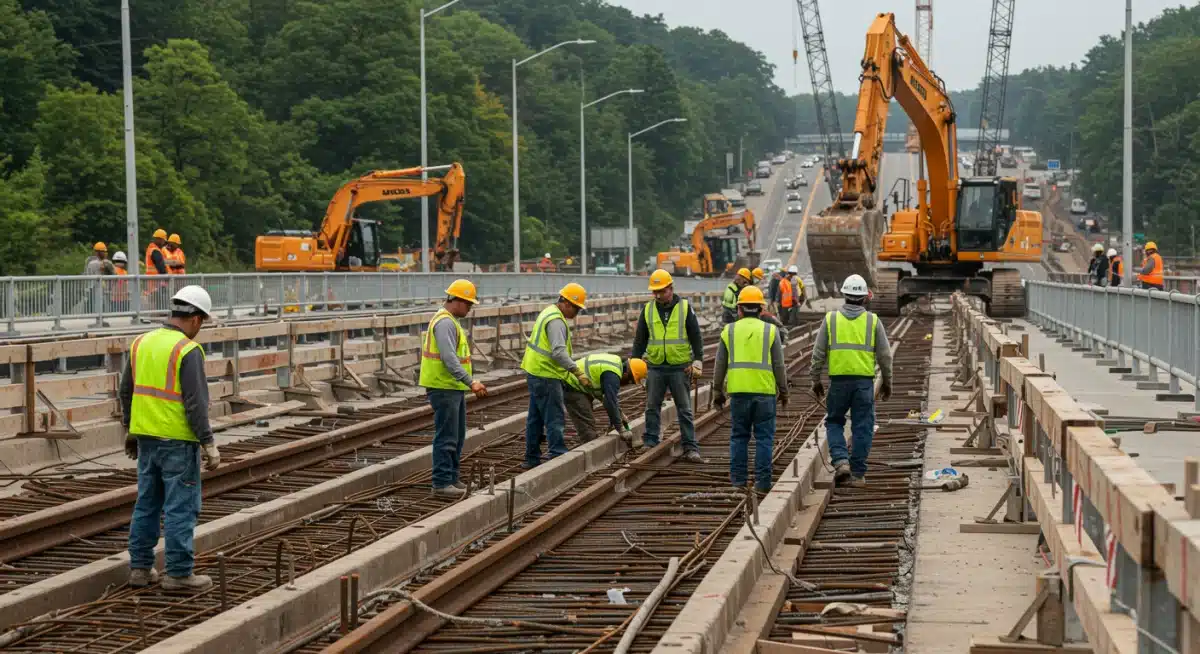 Construction workers repairing a bridge deck with heavy machinery