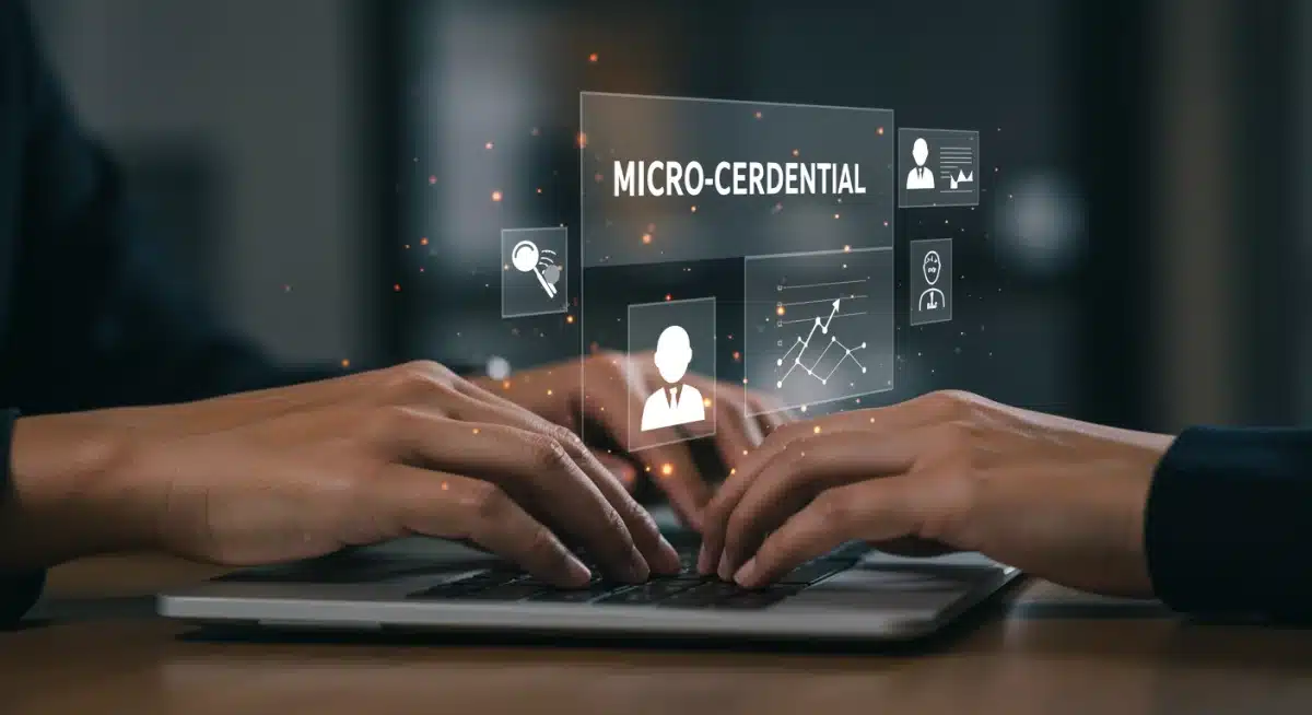 Digital interface displaying micro-credential badges and online learning modules