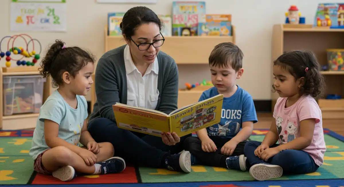 Early childhood educator reading to children, symbolizing quality care