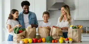 Family unpacking healthy groceries in a kitchen, symbolizing food security and SNAP benefits.