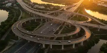Infrastructure Bill: $500 Billion for US Roads by 2027 Modern highway interchange with bridges at sunrise, symbolizing infrastructure investment