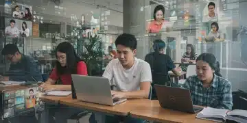 Students engaging in online learning with laptops and tablets