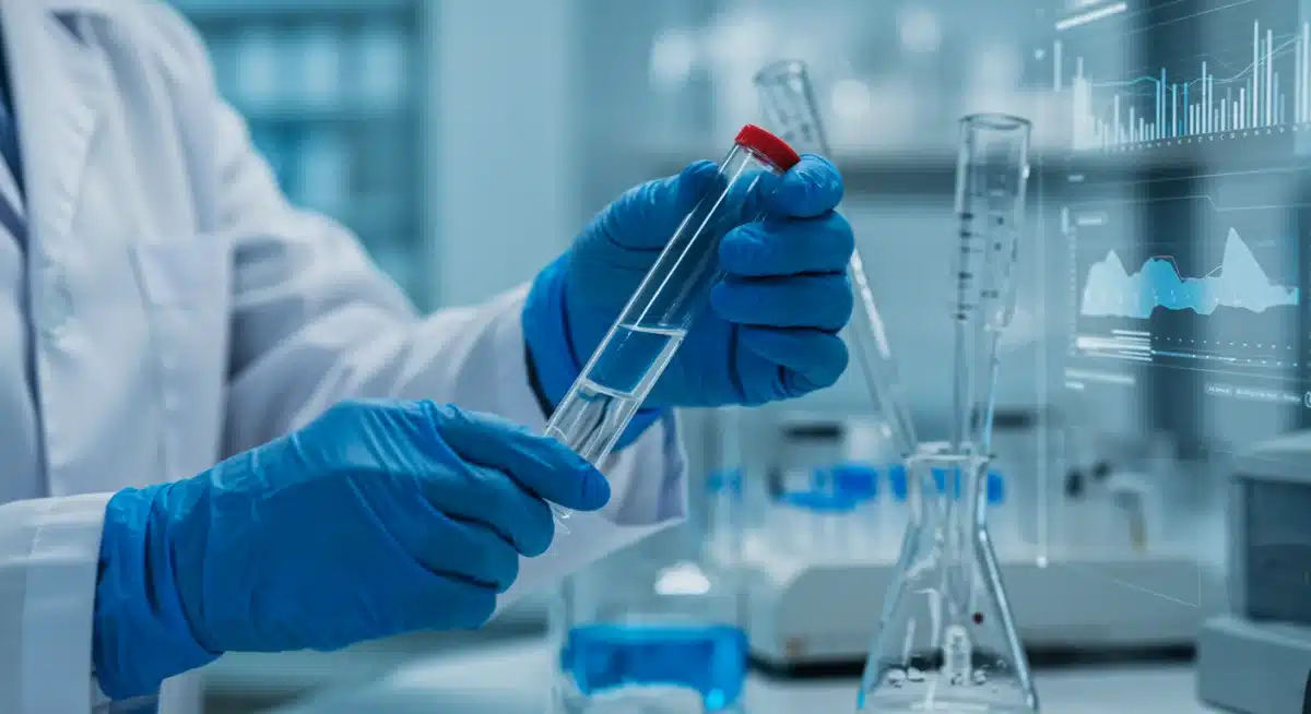 Scientist in lab coat examining health samples in a research facility