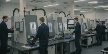 Students learning with advanced technology in a modern US technical school classroom.