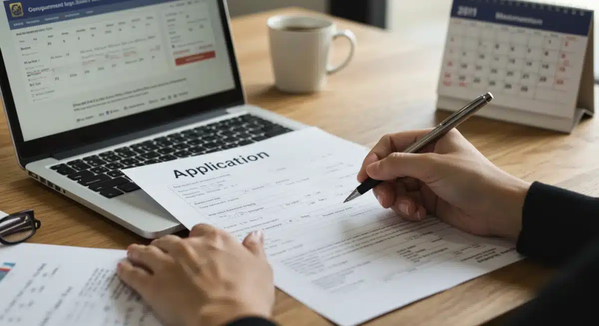 Person meticulously filling out a federal benefits application form.