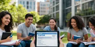 College students smiling and studying, representing accessible higher education and financial aid.