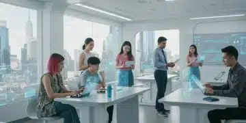 Students and teachers collaborating in a modern classroom with interactive screens and digital tools, representing future education.