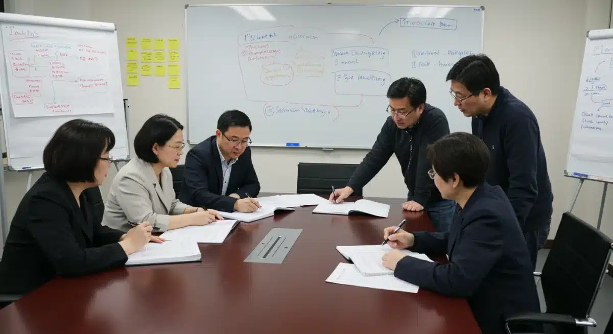 Education professionals discussing curriculum reform strategies and implementation plans.