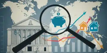 Federal Reserve building with interest rate graphs, magnifying glass on piggy bank and house, symbolizing financial impact.