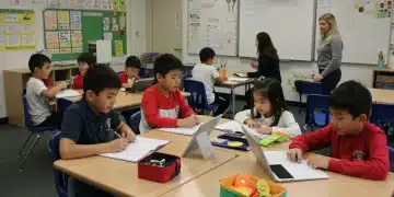 Students and teachers collaborating in a modern K-12 classroom, reflecting new curriculum standards.