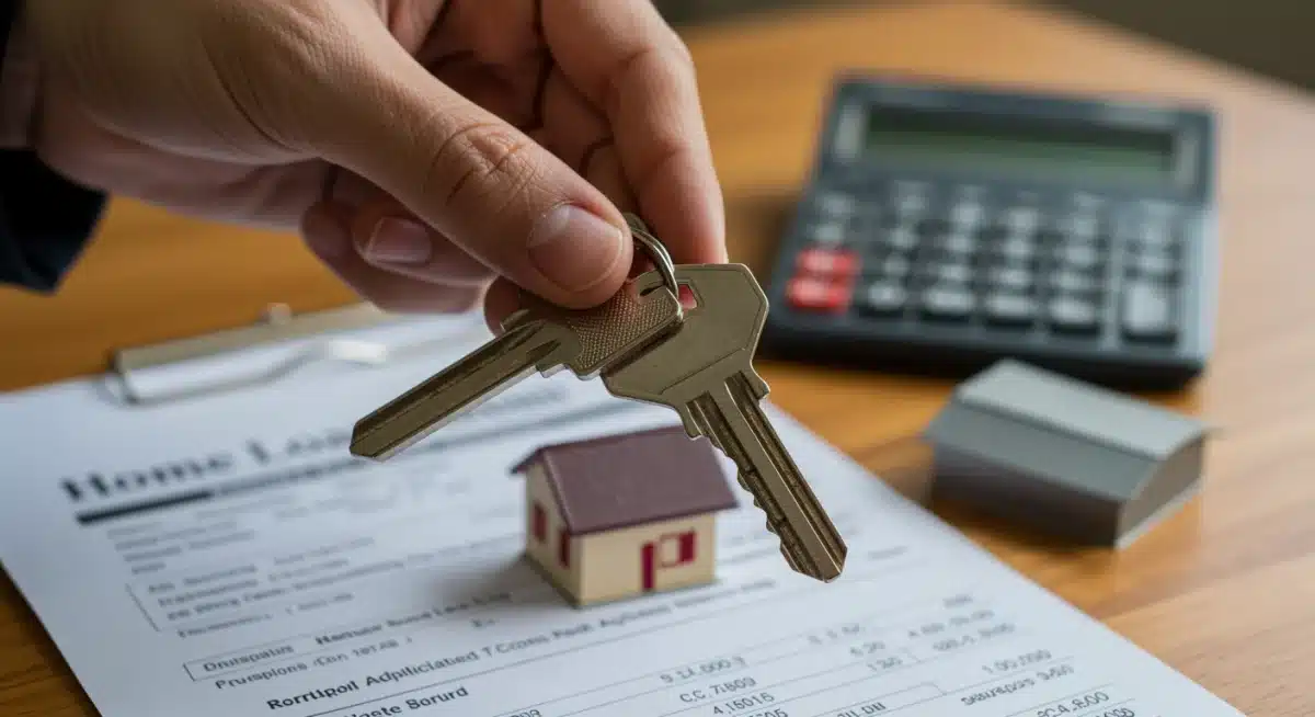 Hand holding house key over mortgage application and calculator, illustrating home loan impact.