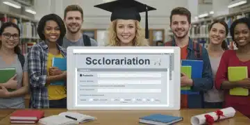 Students collaboratively reviewing scholarship applications on a tablet