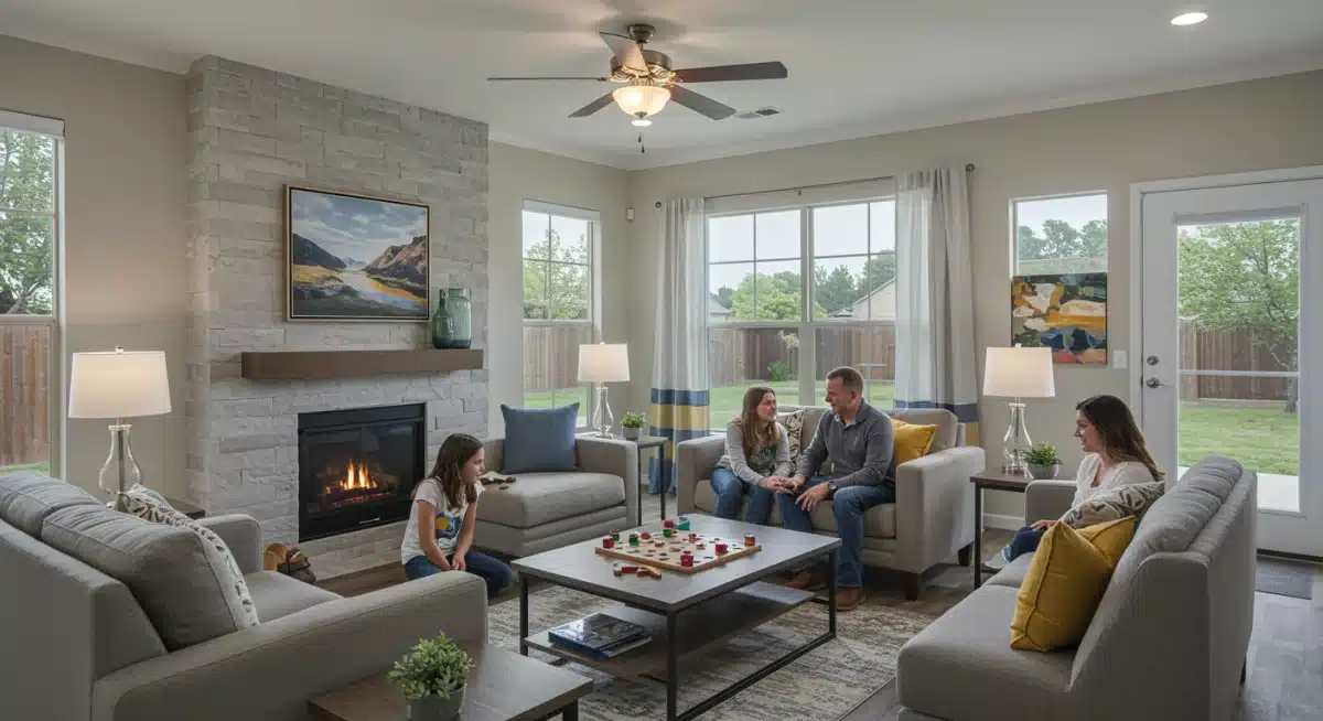 Family playing board game in a modern, affordable living room, representing successful homeownership through federal programs.