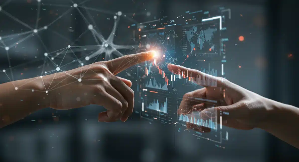 Artificial intelligence neural network with financial data, illustrating AI's role in investment