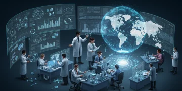 Scientists and public health experts collaborating on advanced infectious disease prevention strategies in a high-tech lab.