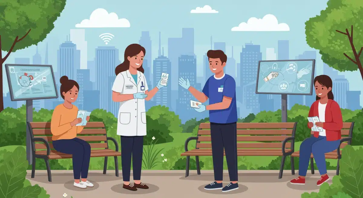 Community health worker educating residents on infectious disease prevention in an urban park.