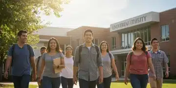 Diverse students walking towards university, symbolizing higher education access