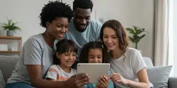 Family reviewing financial benefits on a tablet, hopeful for Child Tax Credit 2026 changes