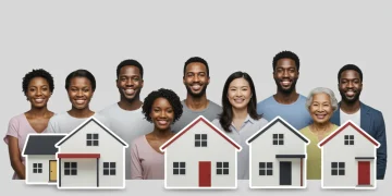 Diverse individuals and families smiling in front of houses, symbolizing federal housing assistance and secure living.