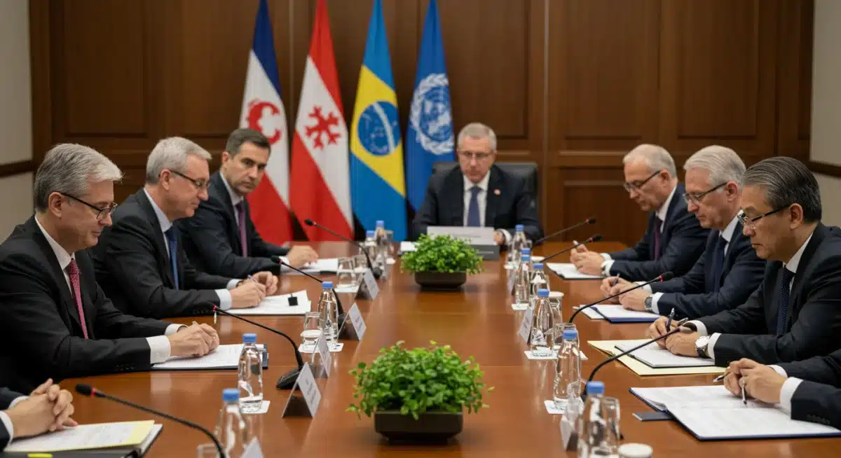 International delegates negotiating global agreements at a conference table