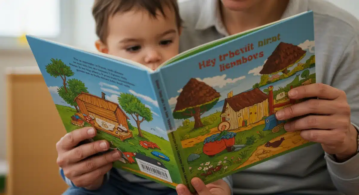 Adult reading a picture book to a young child