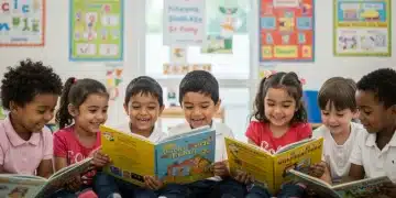 Children engaged in early literacy activities in a modern classroom