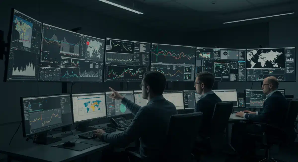 Cybersecurity analysts monitoring threat intelligence in a high-tech command center.