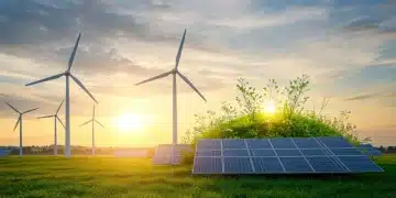Sunrise over a landscape featuring wind turbines and solar panels, symbolizing new EPA climate policies and a sustainable future.