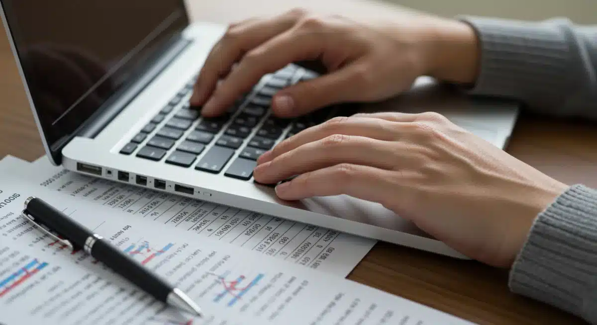 Hands meticulously entering financial data into a spreadsheet for tax preparation