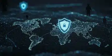 Futuristic digital network with national security shield protecting against cyber threats in 2026.
