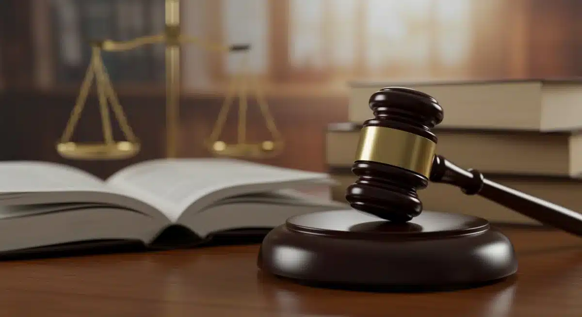 Gavel on law book signifying legal decisions and judicial process