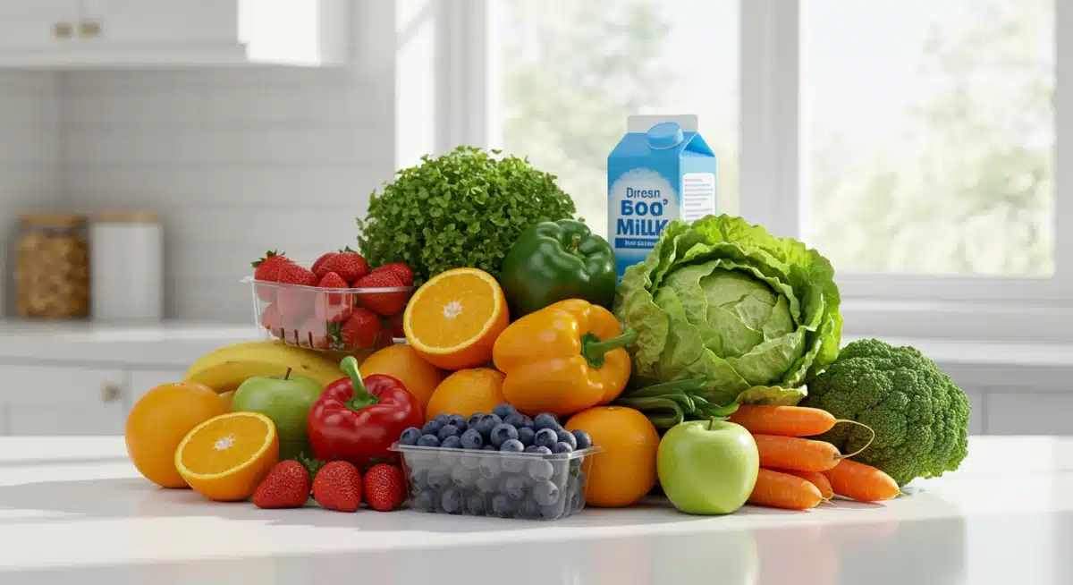 Assortment of fresh and healthy groceries on a counter