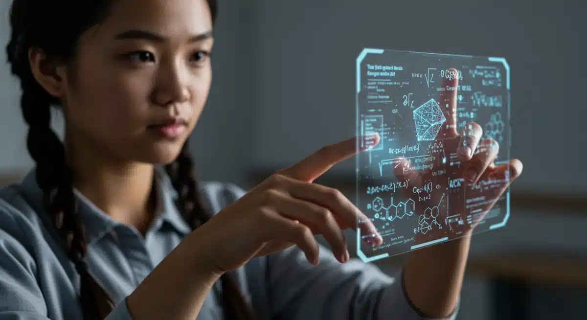 Student interacting with holographic learning technology.