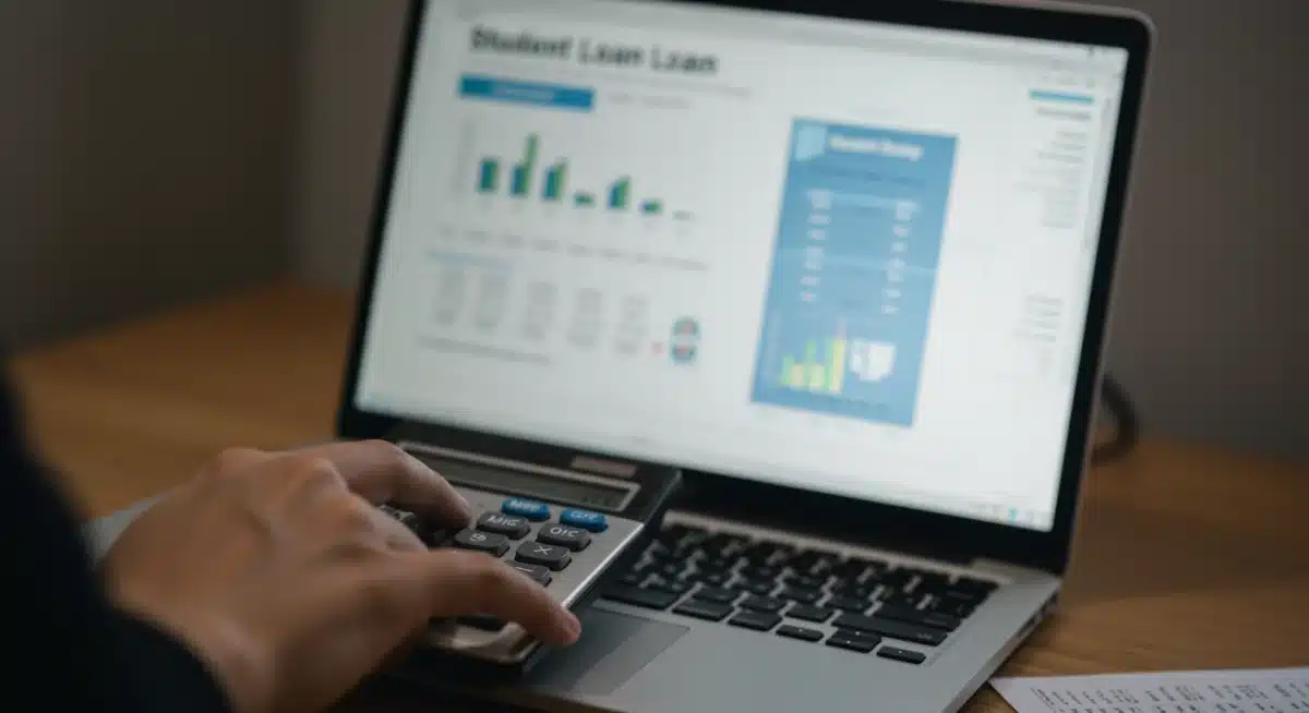 Hand using calculator for student loan repayment calculations.