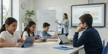 Students using technology in a modern K-12 classroom.
