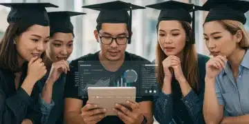 Students planning loan repayment on tablet with financial charts.