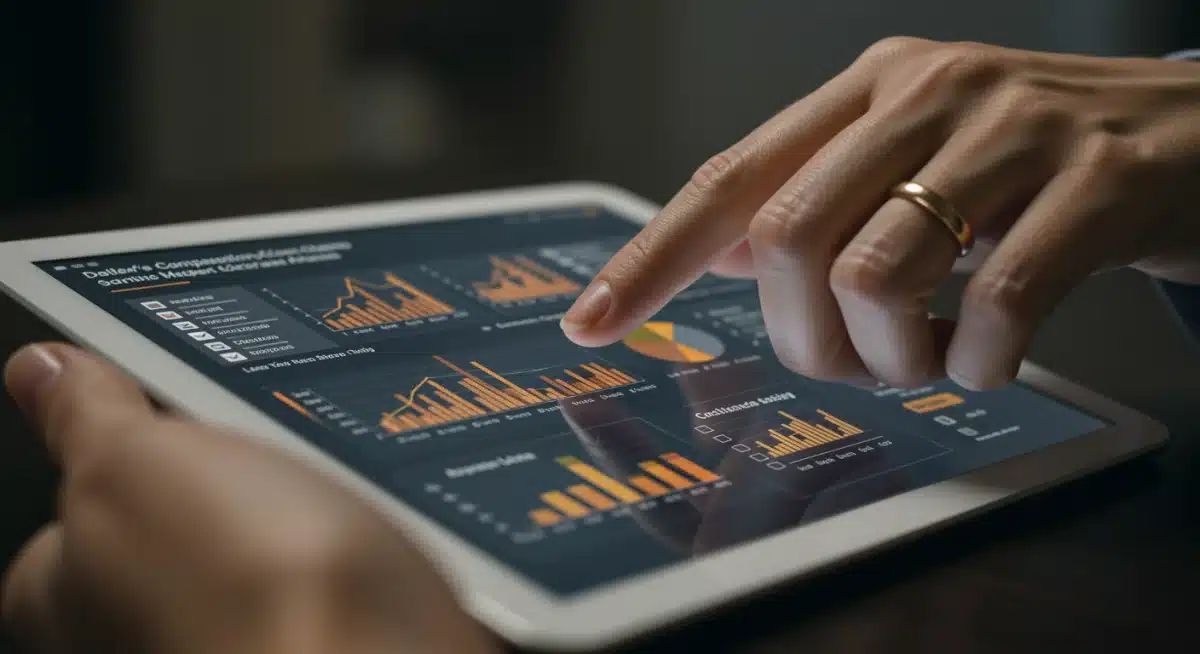 Hand using tablet for worker's comp data analysis and compliance.