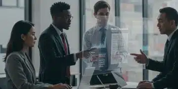 Professionals reviewing worker's compensation legal updates on a futuristic screen.