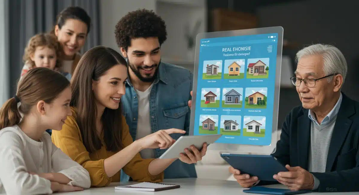 Diverse group viewing real estate listings on a tablet, illustrating varied housing market impacts on demographics.