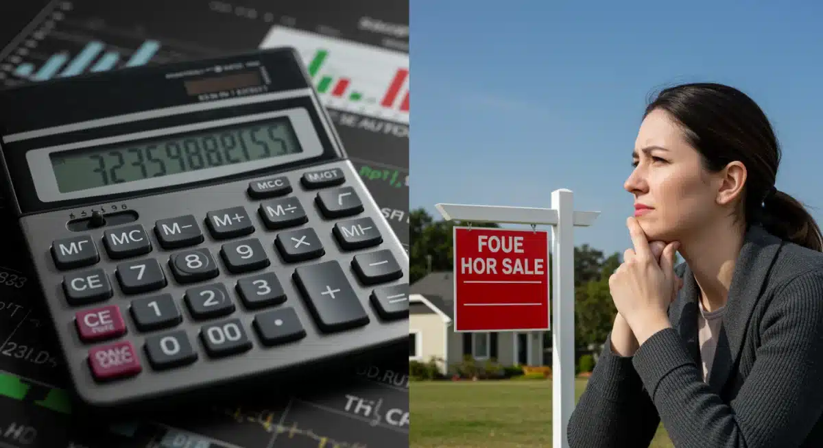 Person analyzing financial calculations next to a 'for sale' sign, representing homebuyer and seller financial decisions.