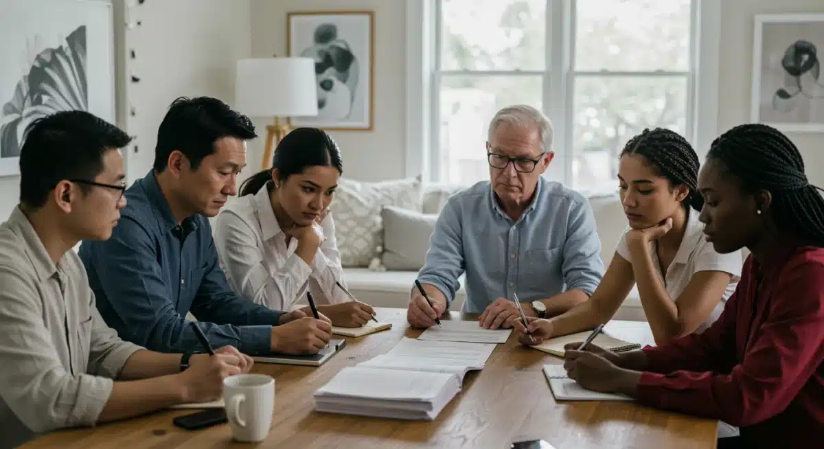 People discussing financial documents at home, symbolizing mortgage planning and financial strategies.