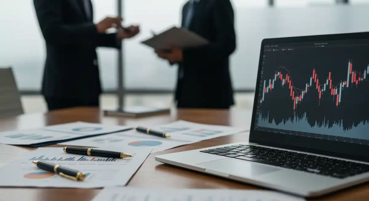 Financial analysts discussing Federal Reserve interest rate policy, with charts and data on a screen.