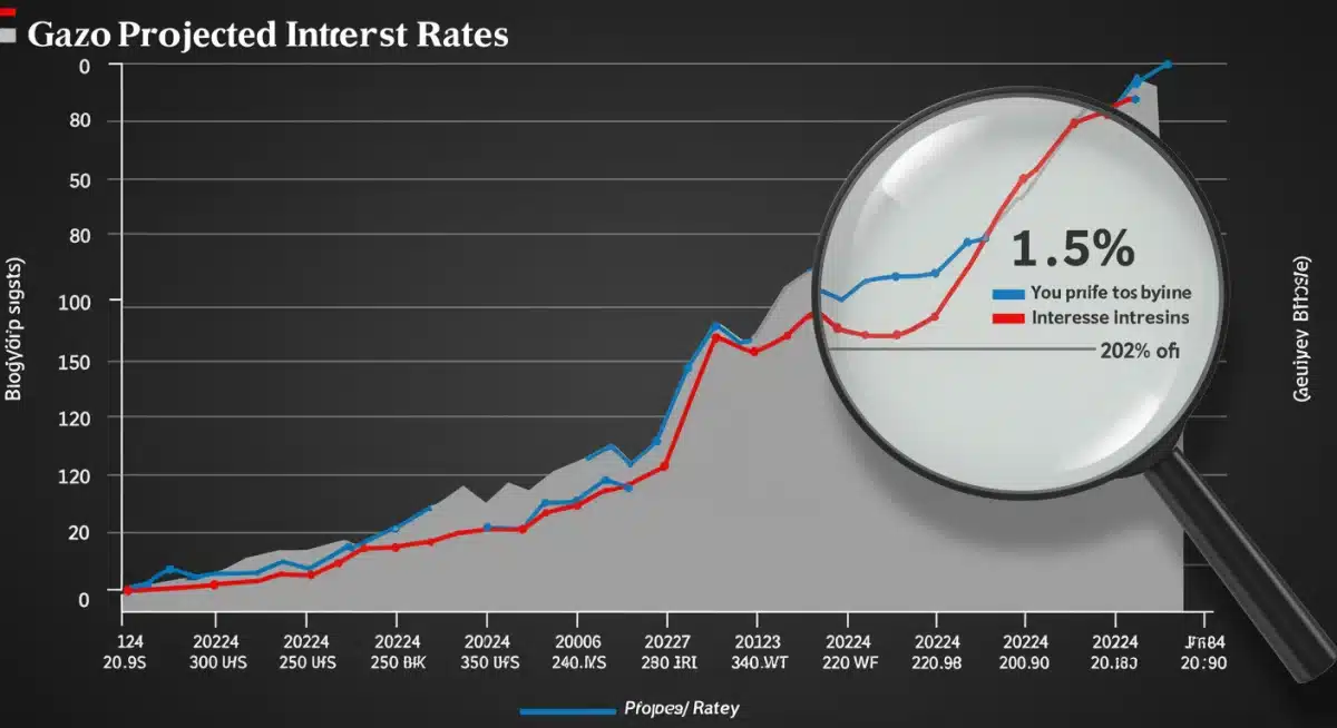 Projected interest rate hike graph showing a 1.25% increase in 2026, with a magnifying glass.
