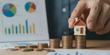 Hand placing model house on coin stack, symbolizing mortgage costs and future financial planning in 2026.