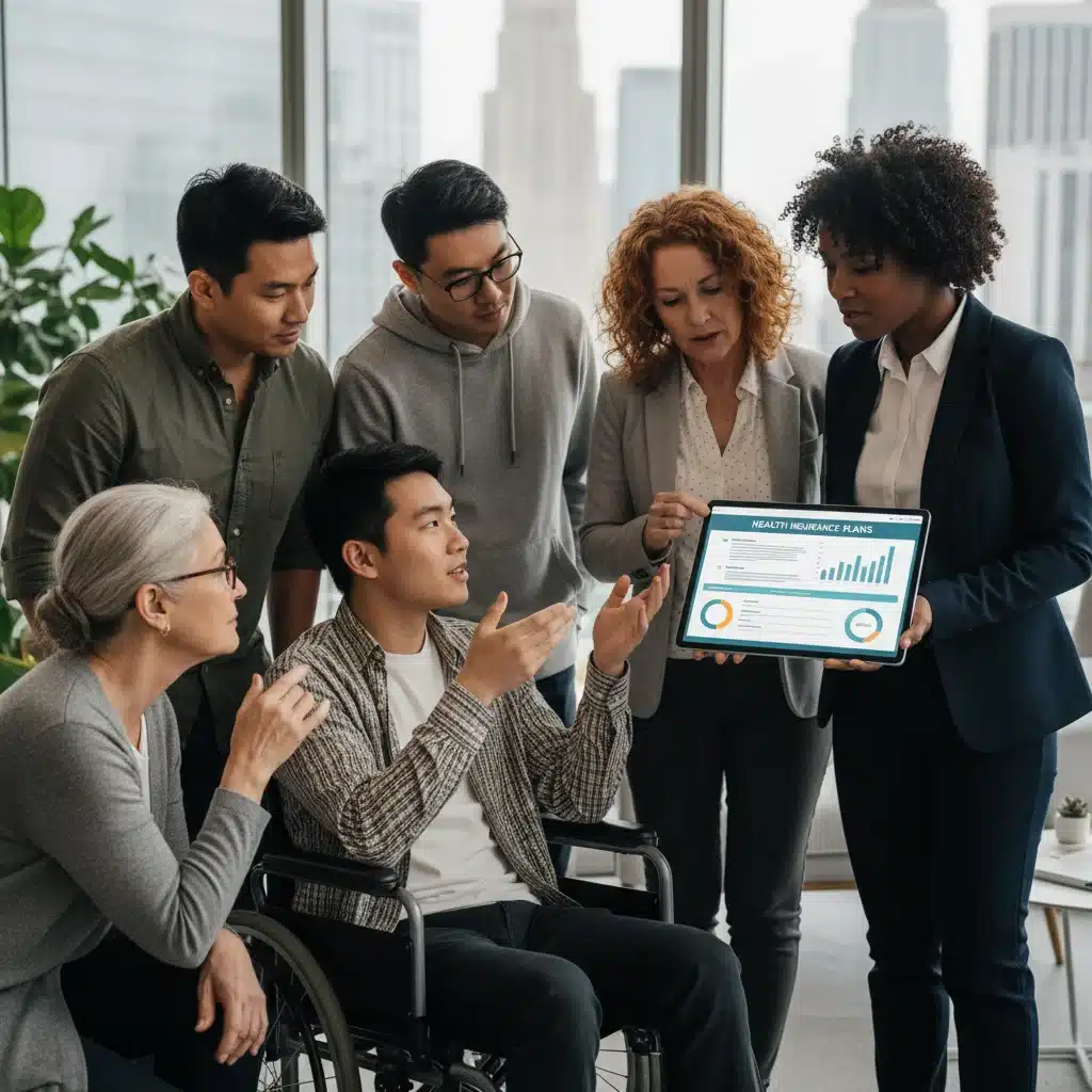 Diverse group reviewing ACA subsidy eligibility on a tablet