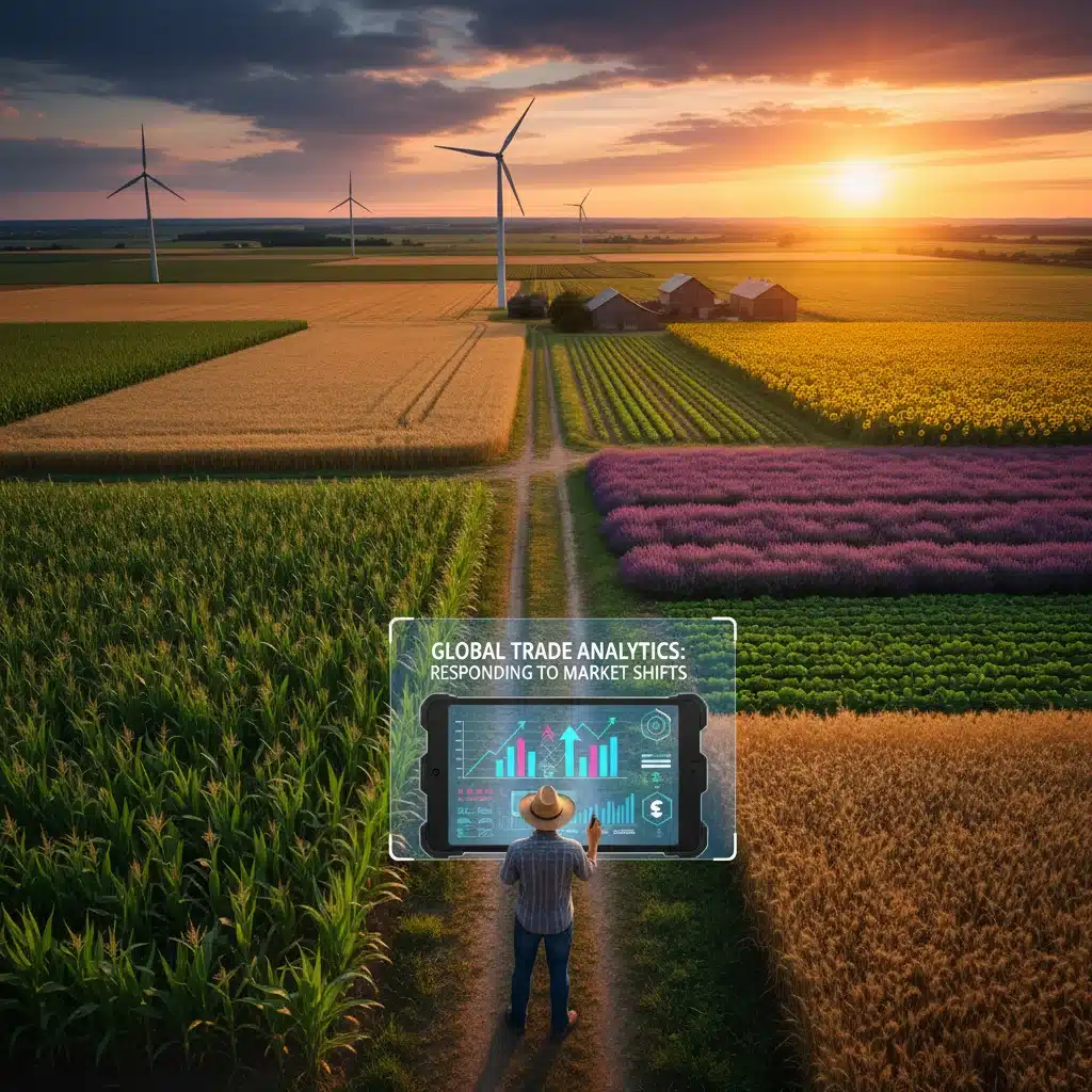 Agricultural fields with farmer using technology, showing trade impact on agriculture.