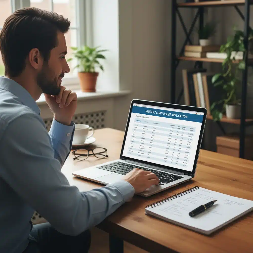 Borrower reviewing student loan statements and forgiveness application details.