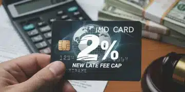 Hand holding credit card with 2% late fee cap symbol, calculator, and bills